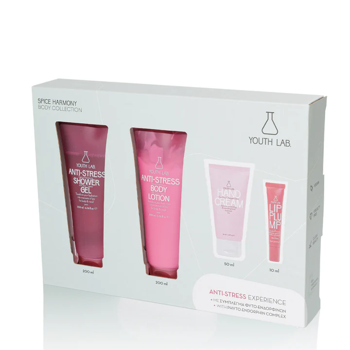 Youth Lab Promo set Antistress Ginger με Αφρολουτρο 200 ml,Κρεμα σωματος 200 ml,Κρεμα χεριων 50 ml και lipl plump cherry brown 10ml.