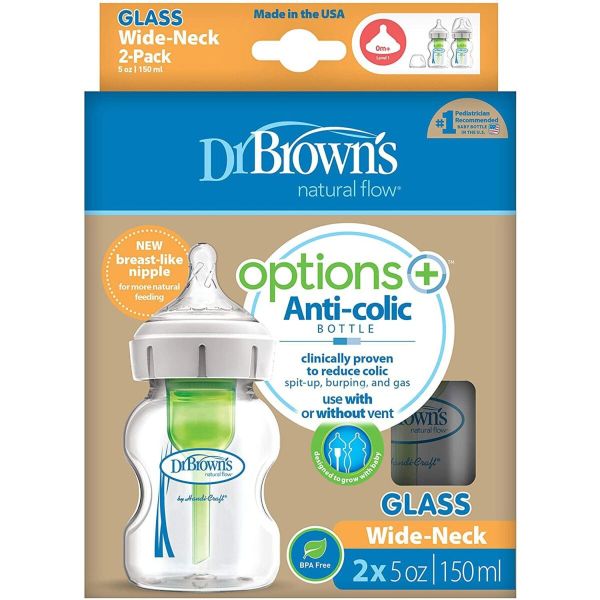 Φωτογραφία από Dr Browns – Options+ Anti-colic Μπιμπερό Γυάλινο 0m+ με Φαρδύ Λαιμό 2x150ml.
